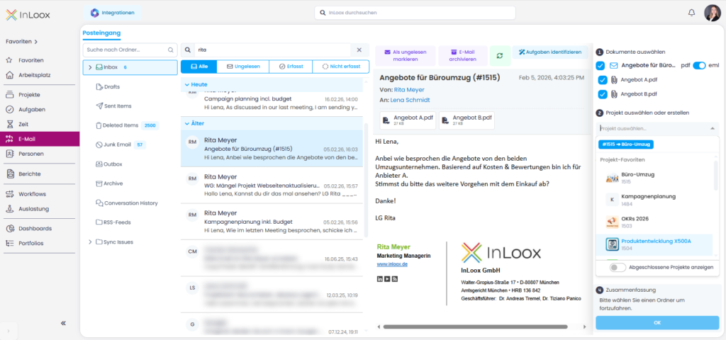 Der Outlook-Posteingang in InLoox Web App um aus E-Mails Projekte, Aufgaben oder Projektdokumente zu machen.